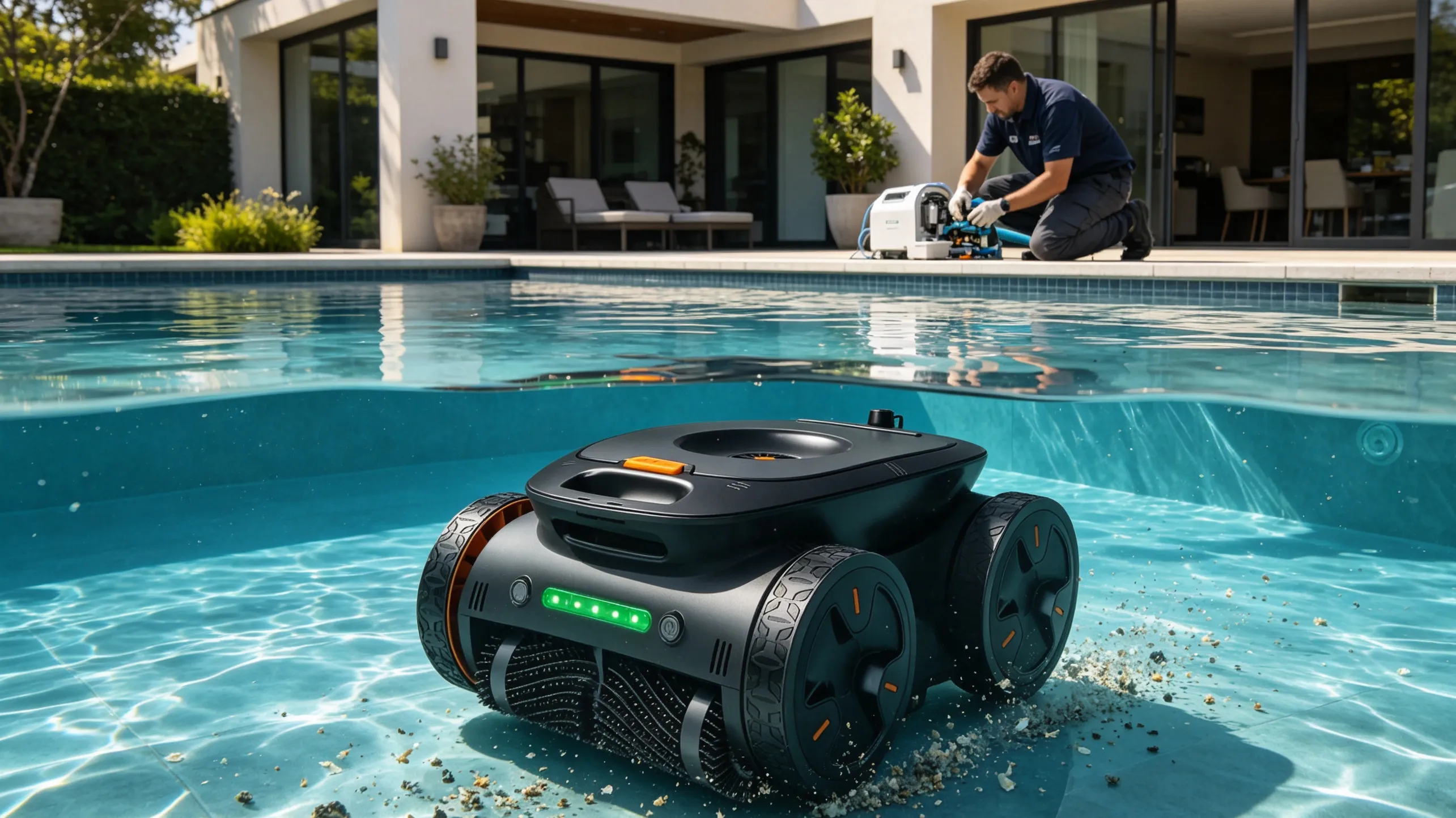 Robotic pool cleaning combined with professional pool maintenance