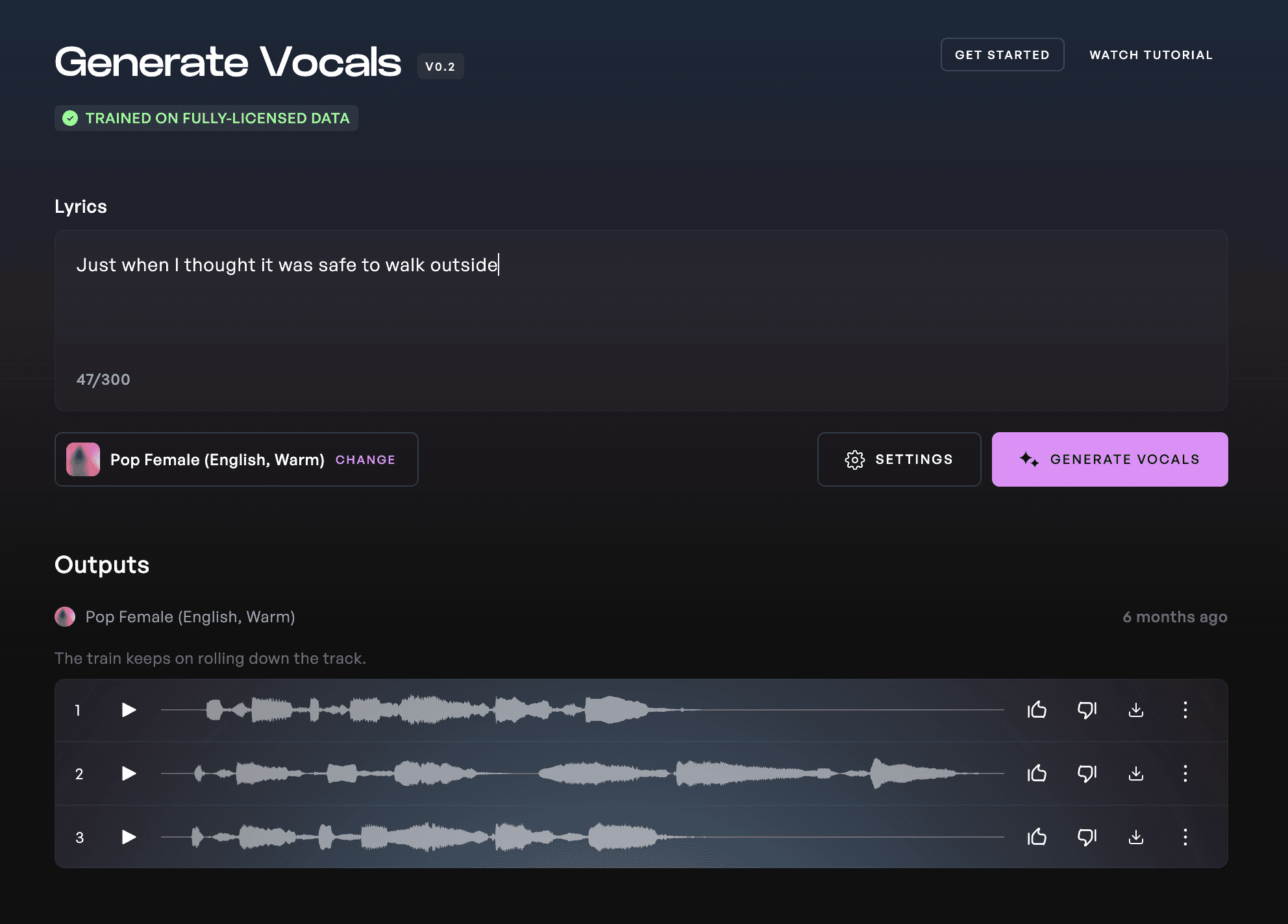 Screenshot of the Text-to-vocal generation page