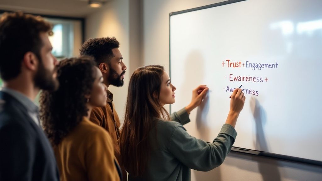 Three abstract pillars representing authenticity, value, and integration