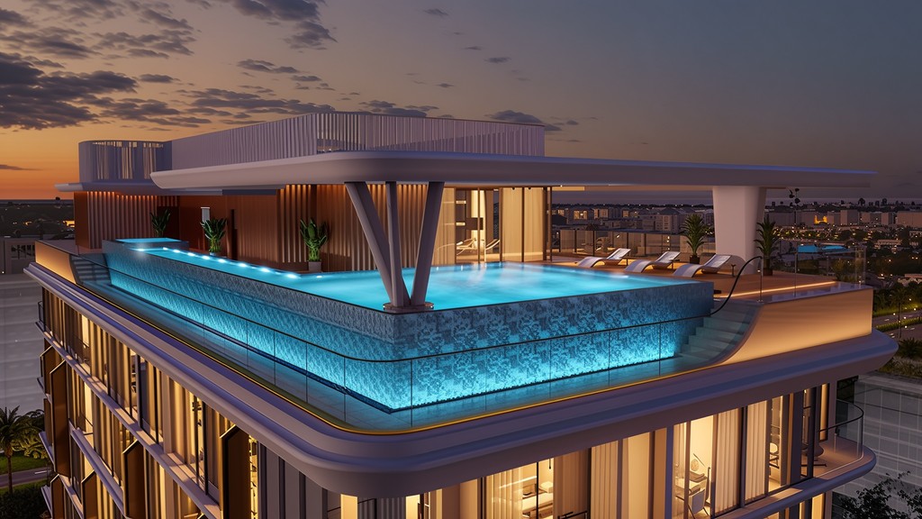 Rooftop pool on a building in Elmora, offering a unique urban swimming experience with city views.