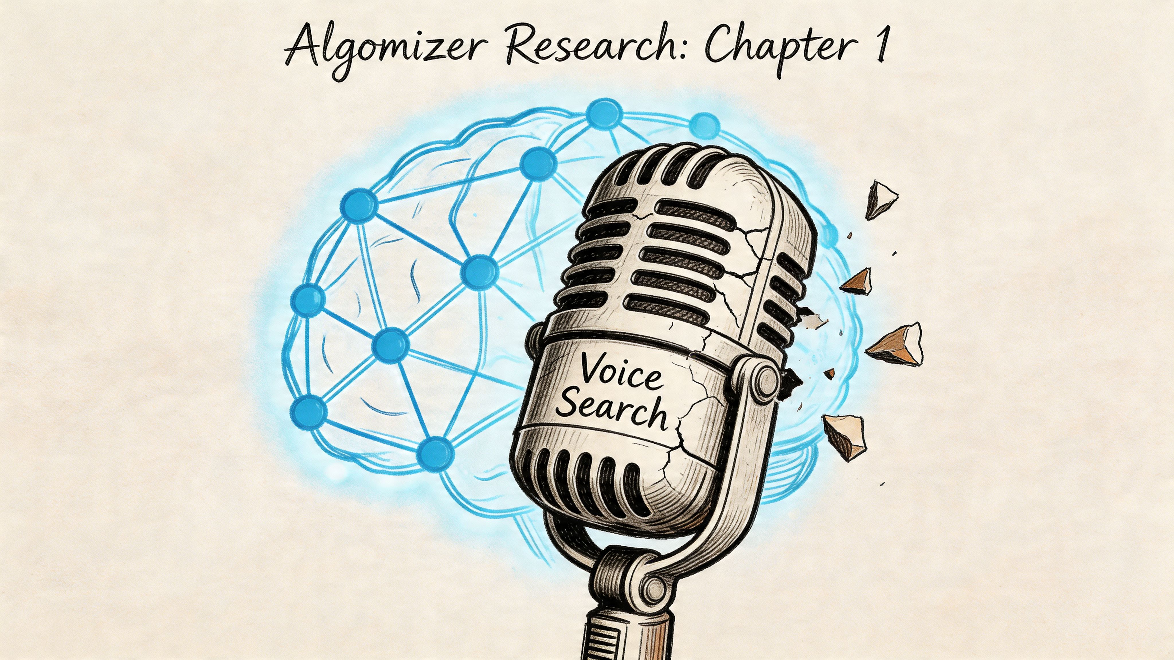 A vintage microphone with the text Voice Search etched on it, positioned in front of a digital brain illustration.