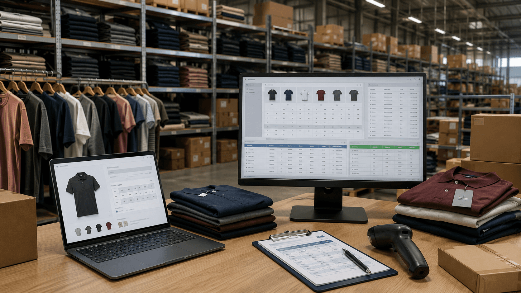 Imagem 3D realista de um centro de distribuição têxtil moderno com ambiente industrial organizado. Em primeiro plano, uma mesa de trabalho com notebook e monitor exibindo sistema de e-commerce B2B para confecção, incluindo grade de tamanhos, controle de pedidos e tabelas de preços. Ao redor, pilhas de roupas dobradas, camisetas em araras, caixas de envio e leitor de código de barras. Ao fundo, grandes prateleiras de estoque com peças de vestuário e embalagens organizadas. Iluminação suave, ambiente profissional e tecnológico, sem pessoas e sem textos visíveis.