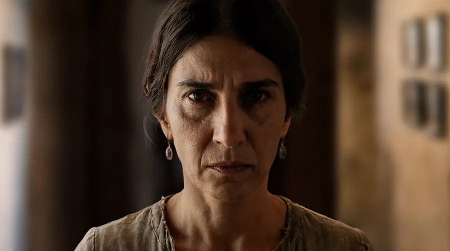 A woman standing in a doorway, holding the frame, unmoving