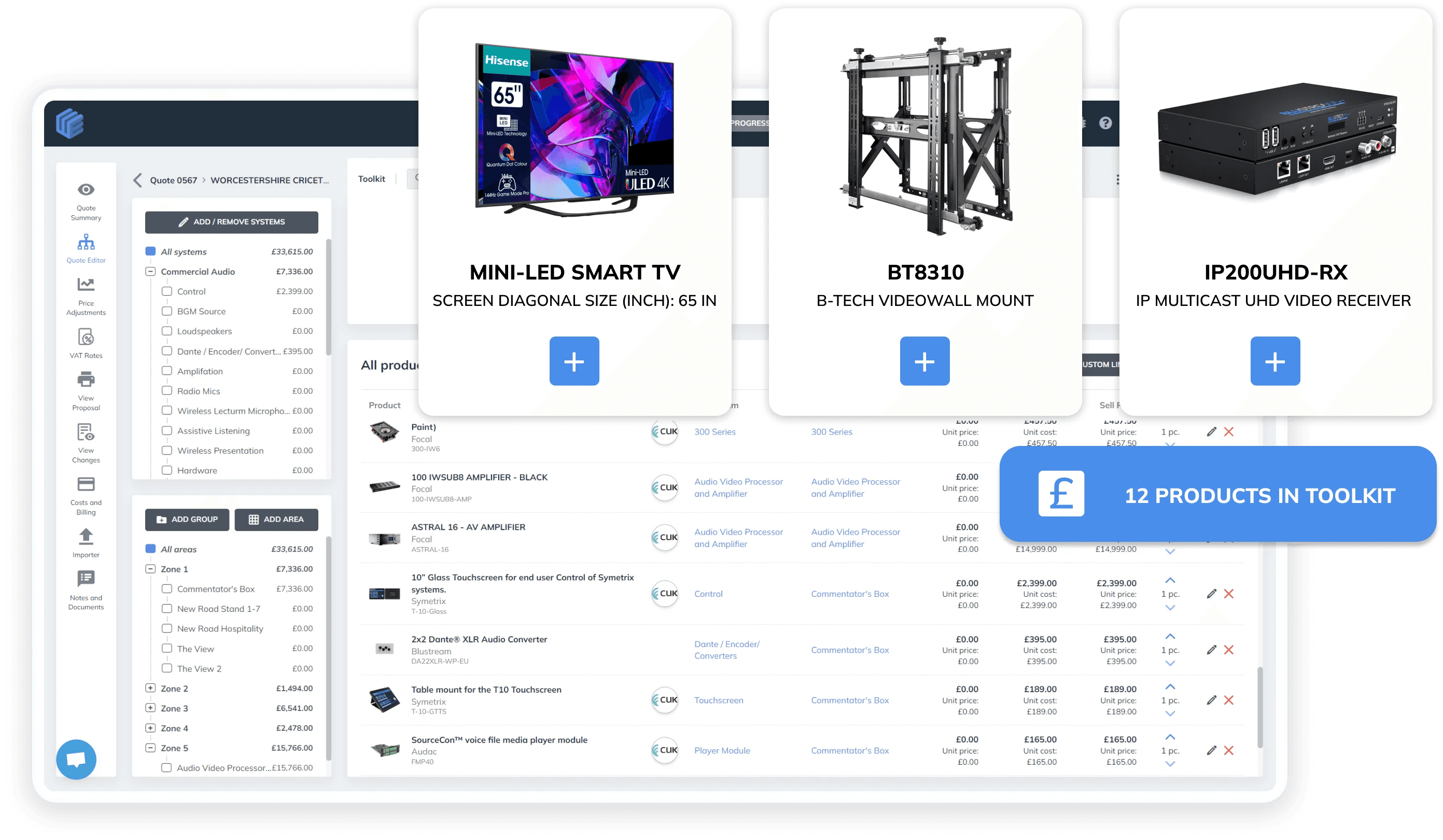 AV quote template builder for fast proposal creation by commercial integrators