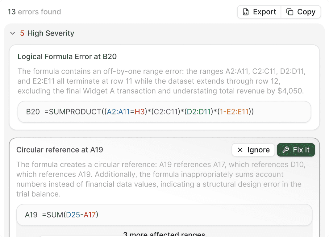Find Errors. Tracelight checks every formula for logical correctness and alignment with your intent.
