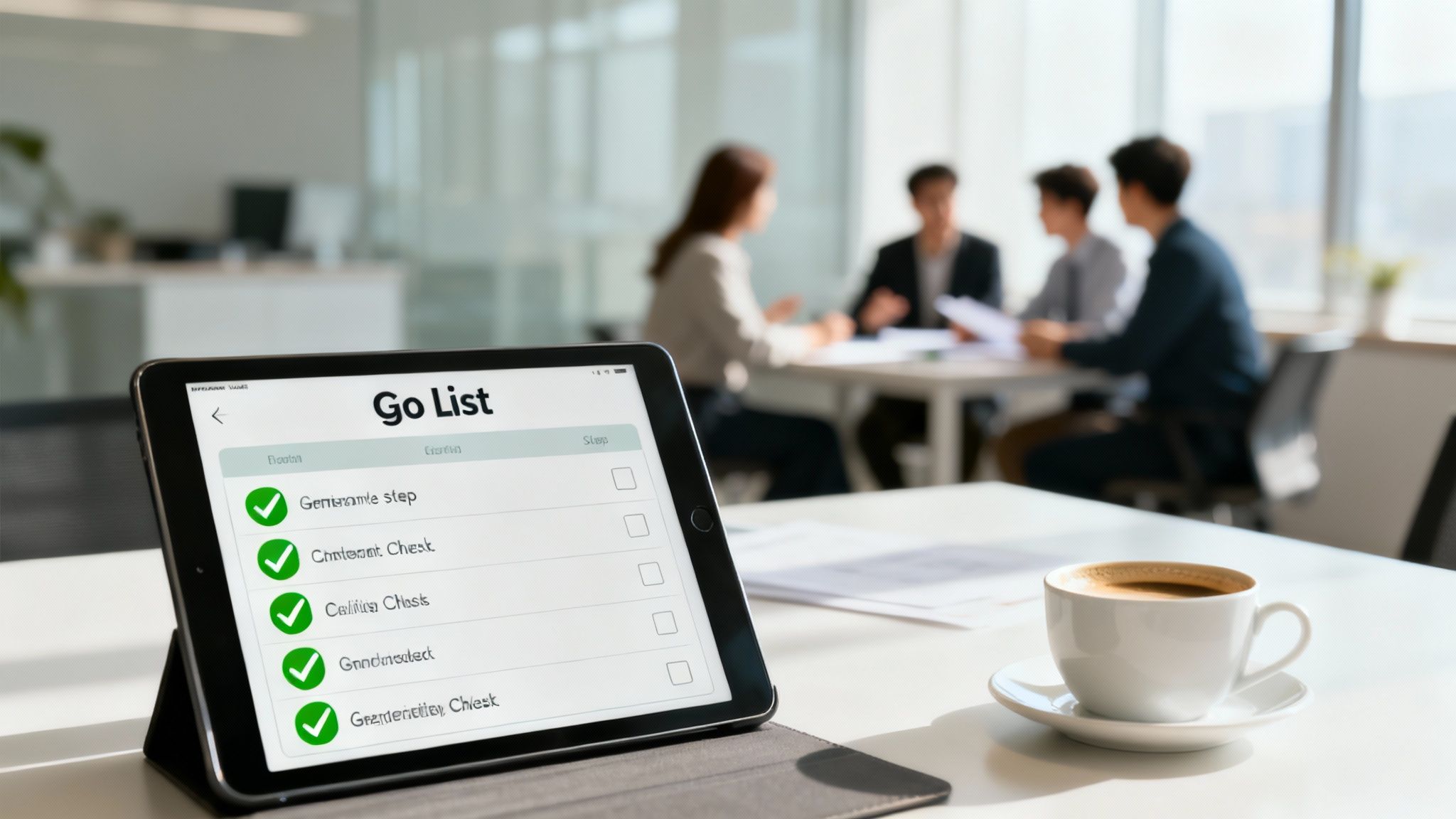 Digital checklist displayed on tablet showing completed tasks in modern office meeting setting