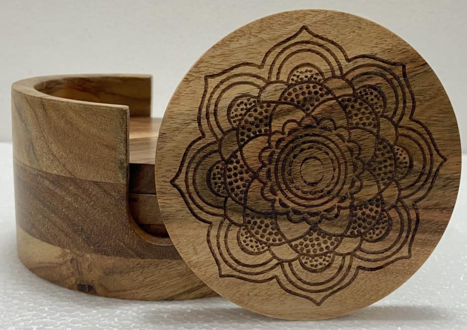 Handcrafted mandala engraved wooden coaster set with holder