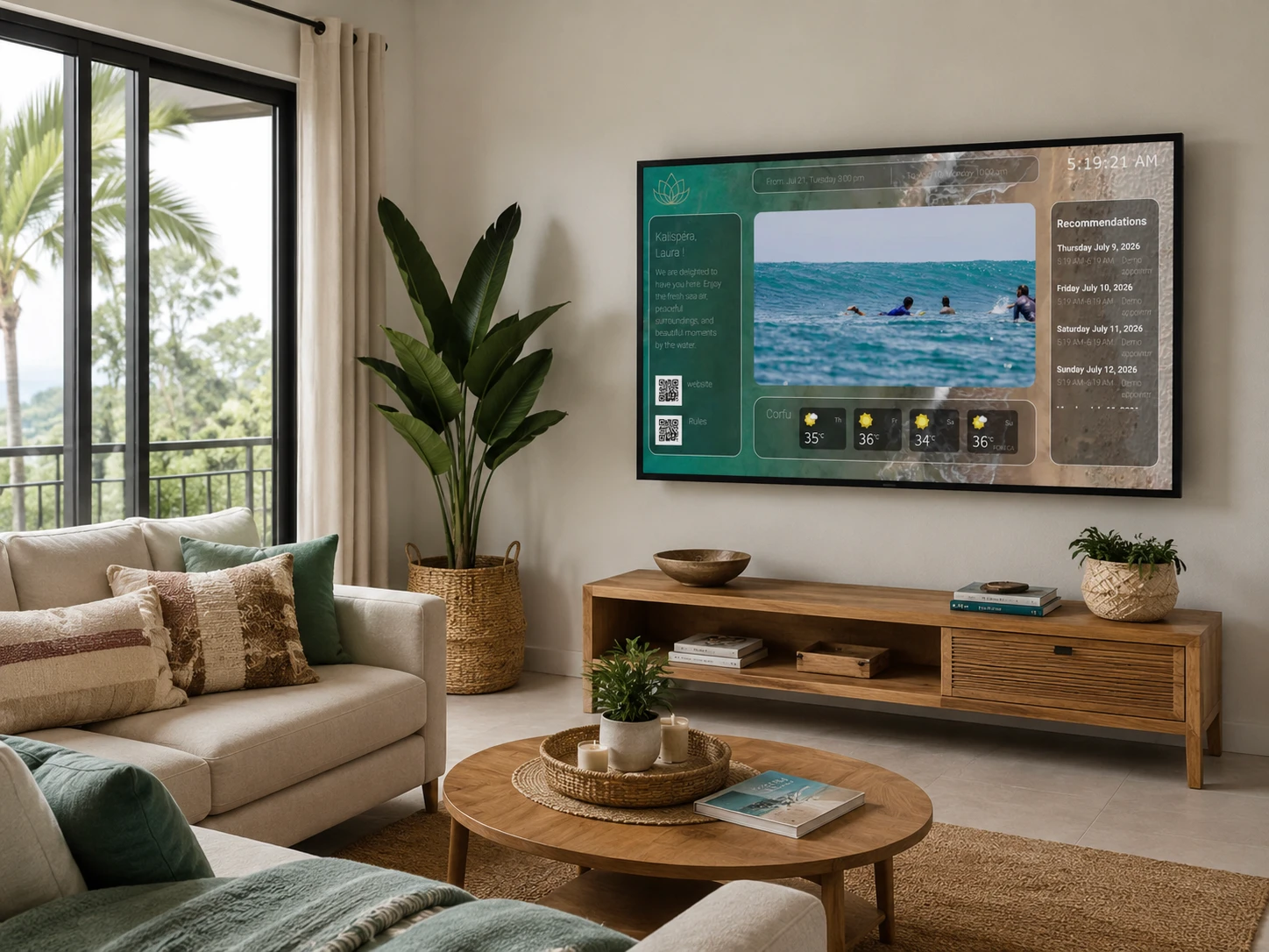 Smart TV displaying a personalized Airbnb welcome screen with weather forecast, recommendations, QR codes, and guest information.