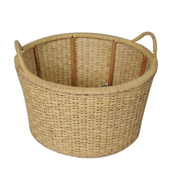 Handwoven round cane storage basket with side handles