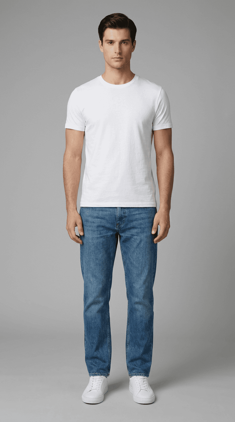 AI-generated male model base — studio neutral background, ecommerce product photography with AI