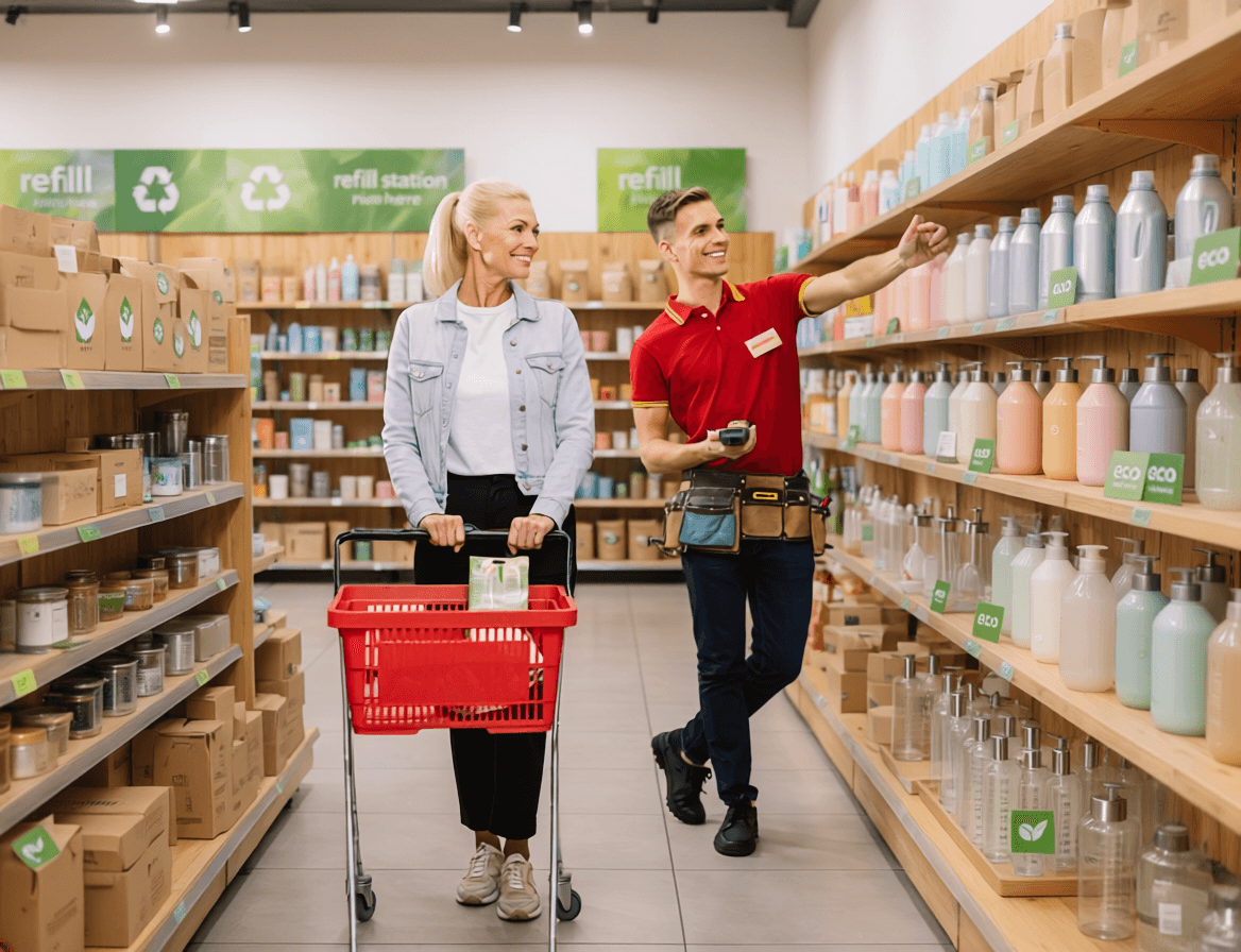 Shopping cart filled in a large grocery store.