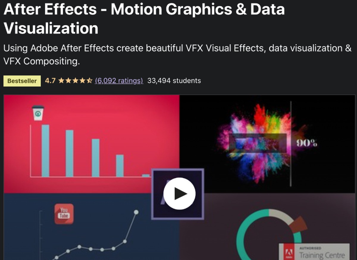 If you're interested in creating animations for infographics, this could be the best After Effects course online for Motion Graphics and Data Visualization. You can start by bringing potentially boring data to life and move forward to exporting content for YouTube, PowerPoint, and social media, including animated GIFs.