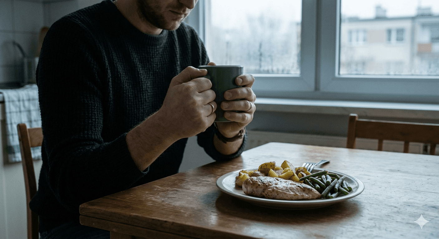 Untouched plate and hands around a mug — how anxiety affects appetite and eating habits