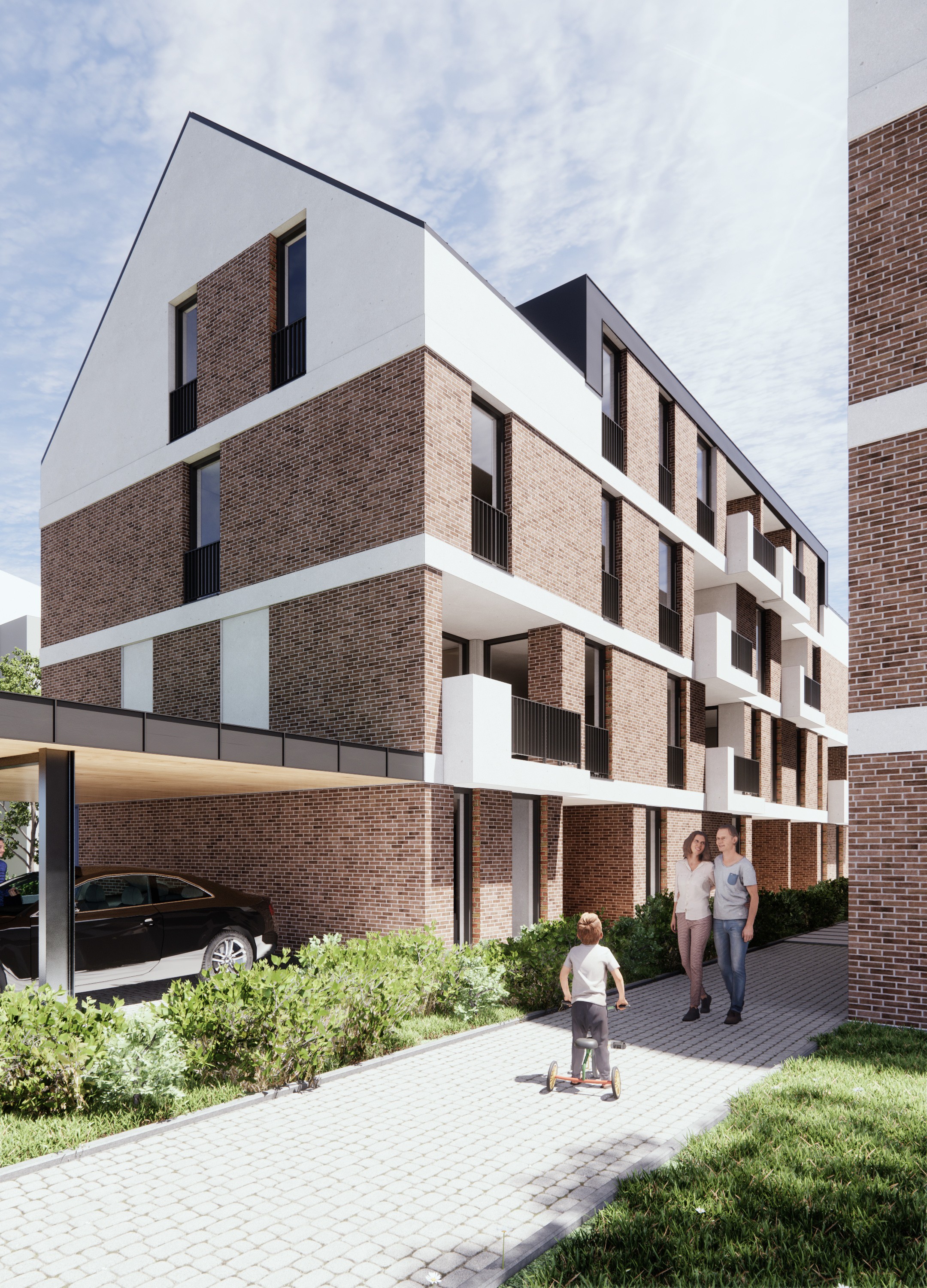 Moderne Architektur des Neubauprojekts Urban711 in der Bahnhofstraße 31 in Remshalden. Zu sehen ist ein Gebäude mit weißer Putz- und Klinkersteinfassade, großen Fenstern und Balkonen bei strahlendem Sonnenschein.