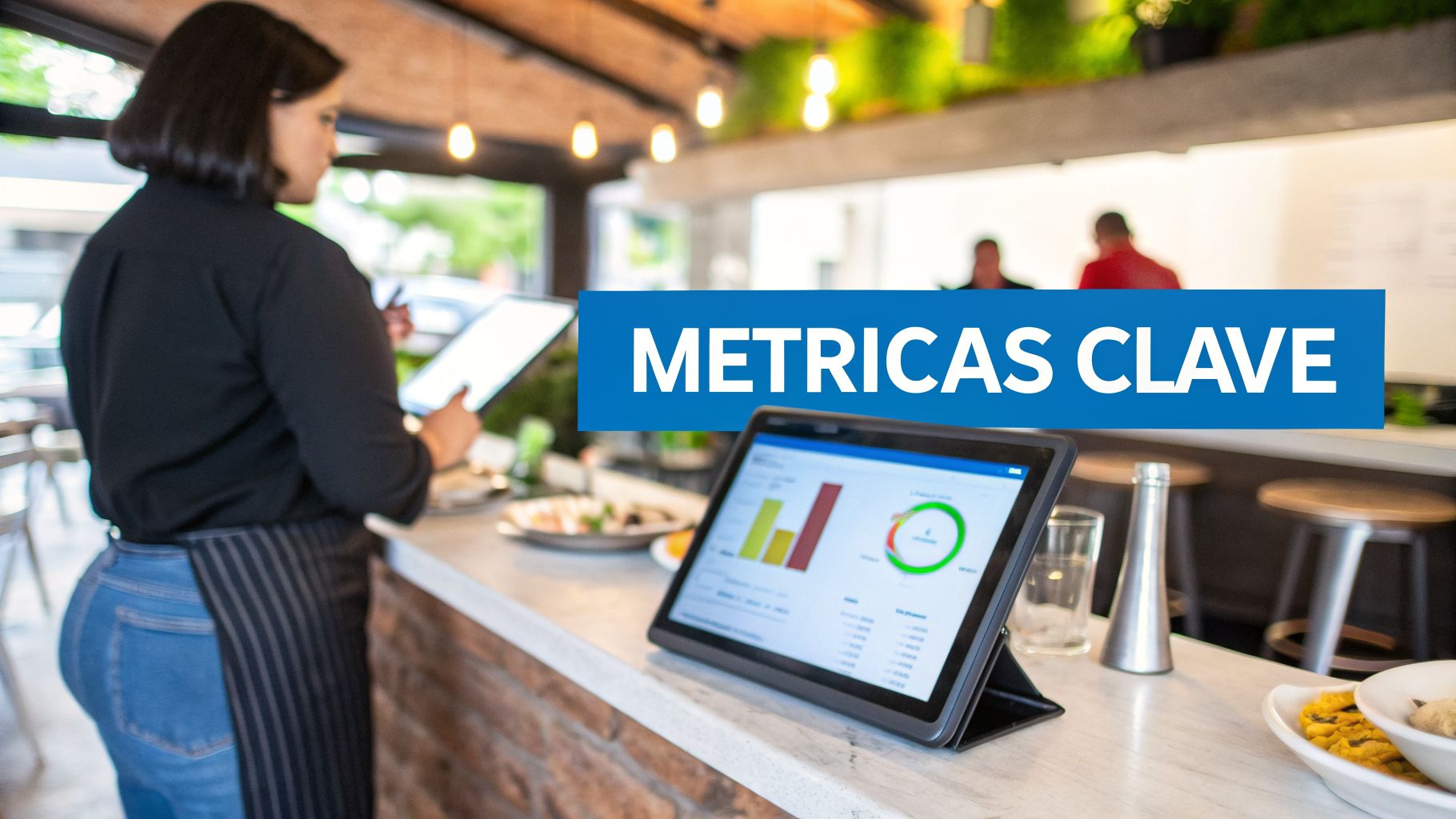 Mujer en un restaurante utilizando una tableta para gestionar pedidos mientras otra muestra métricas clave de negocio.