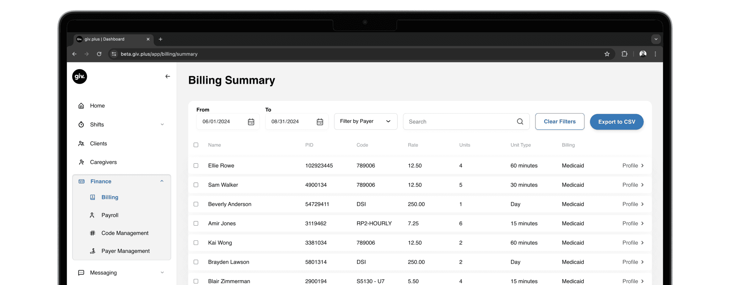 Giv billing software on a screen.