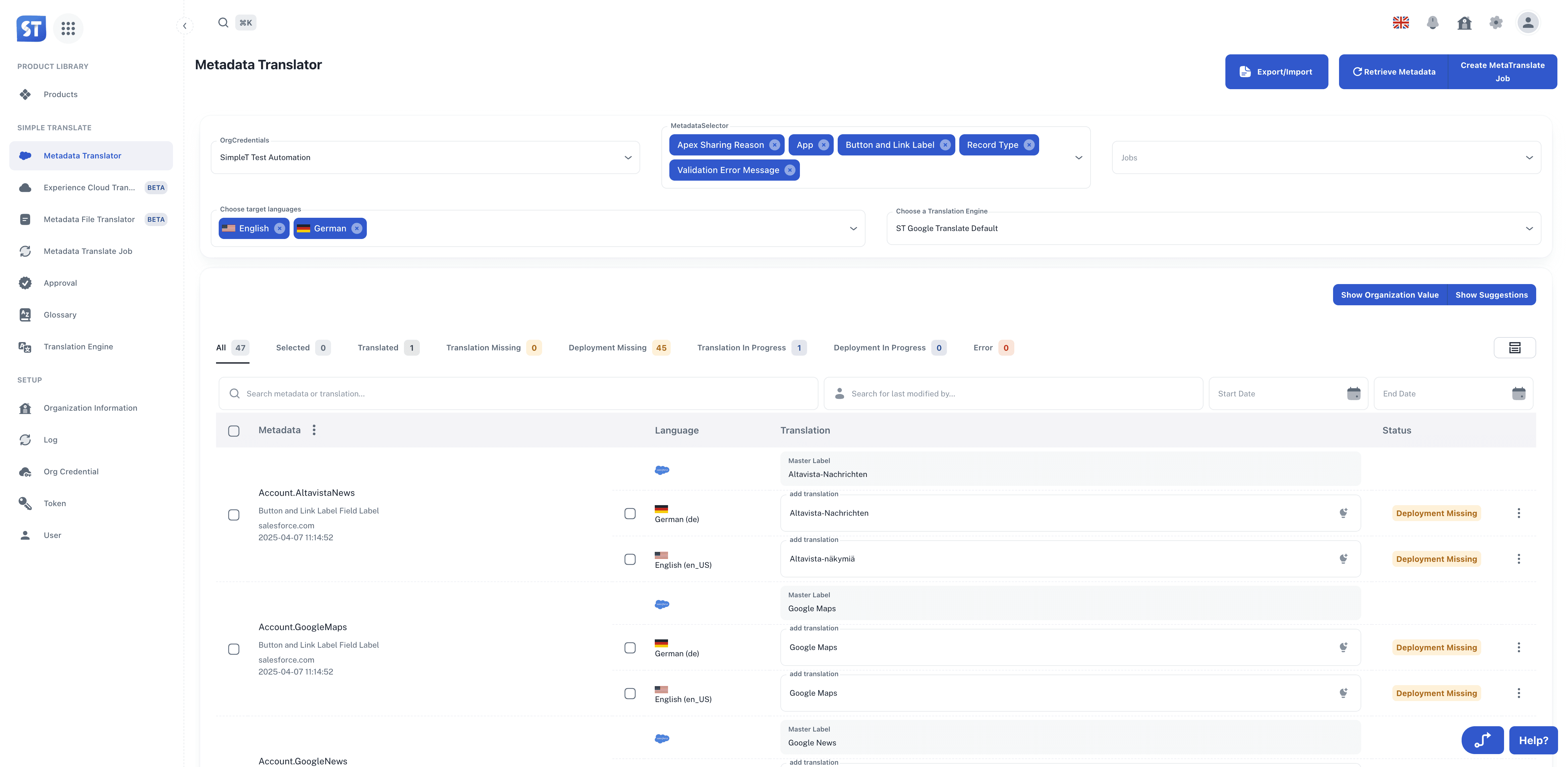 SimpleTranslate dashboard with connected Salesforce orgs 