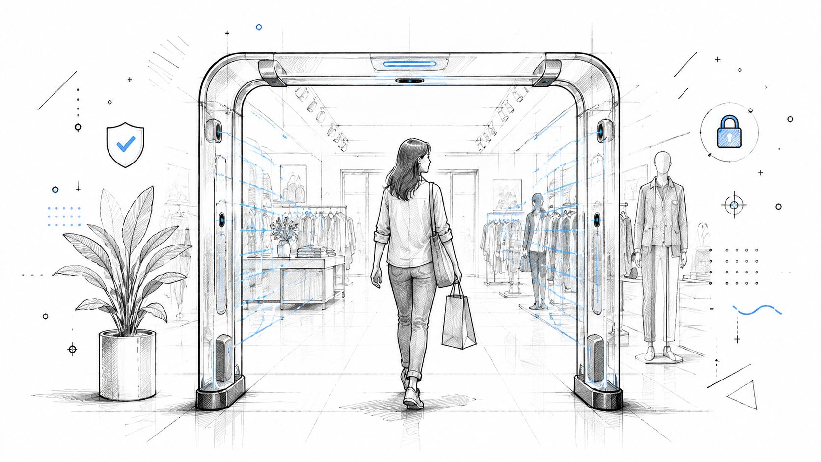A woman walking through an electronic security gate inside a clothing store, representing modern retail theft prevention.