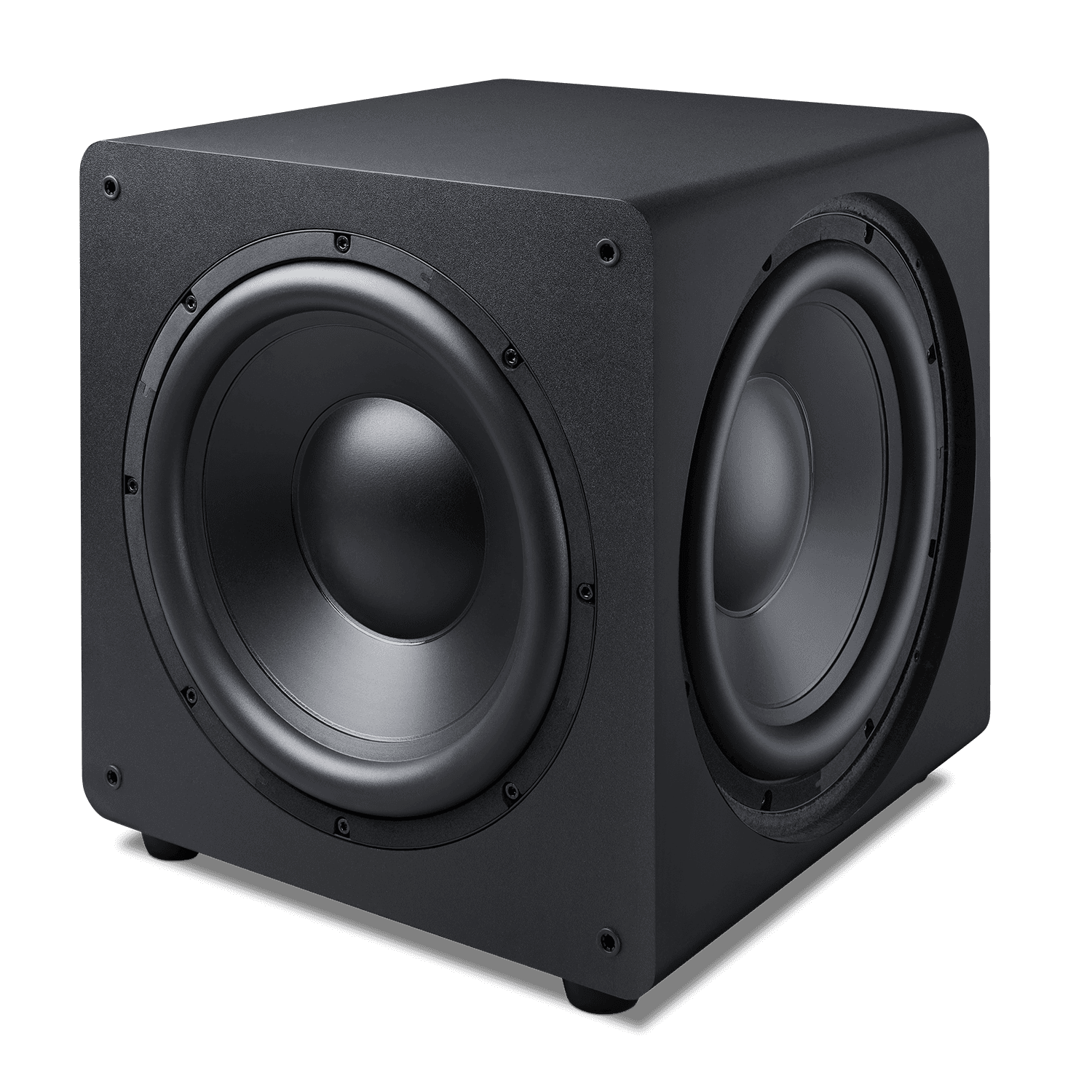 Black dual-driver subwoofer with angled front panel.