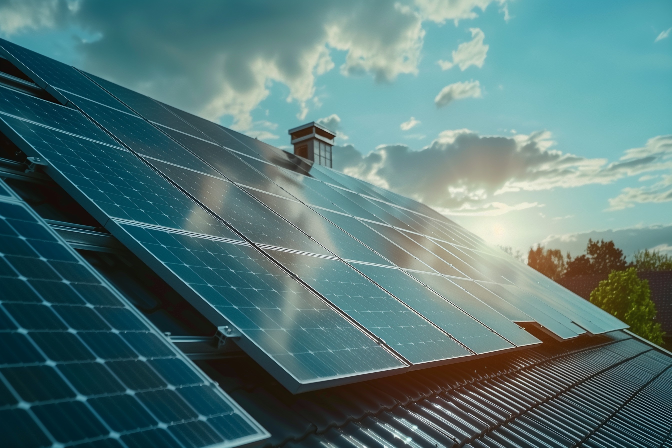 Moderne Photovoltaikanlage auf einem Hausdach unter klarem Himmel – nachhaltige Stromerzeugung mit 30 Jahren Garantie auf Glas-Glas-Module.