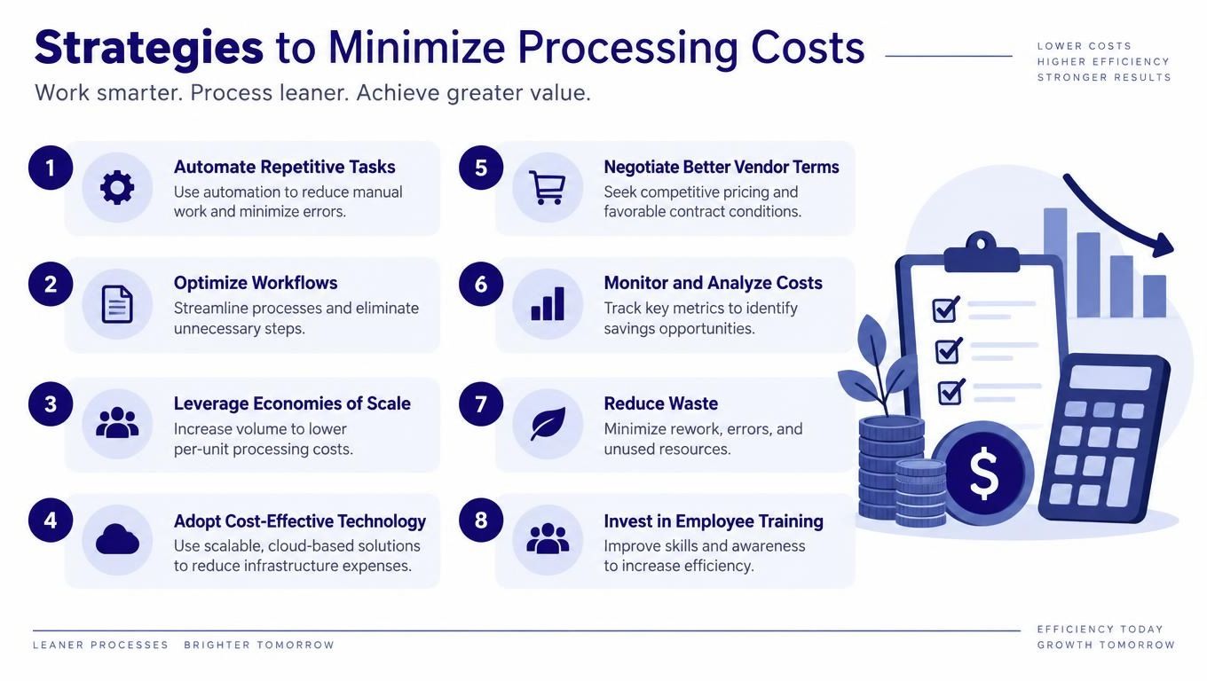 A professional infographic illustrating eight actionable strategies for businesses to minimize processing costs and improve operational efficiency.