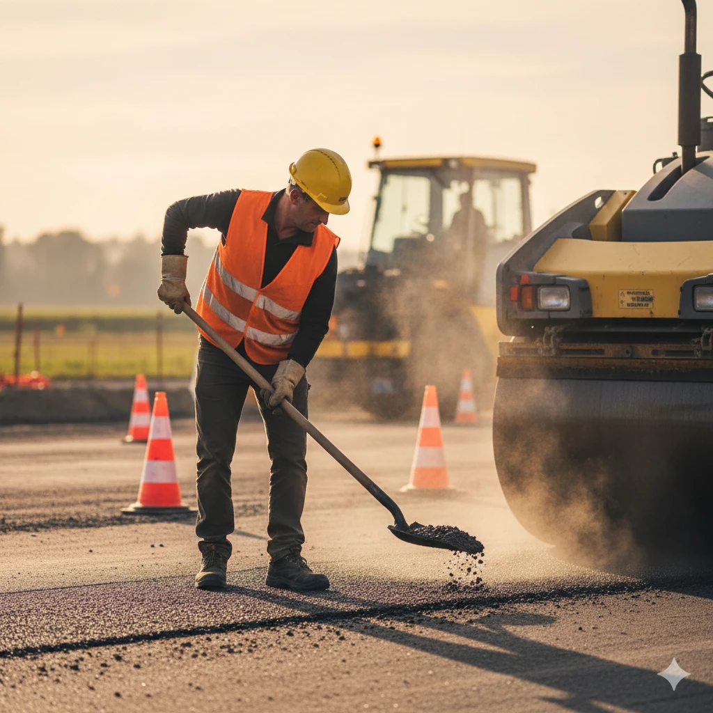 Ouvrier de travaux publics réalisant des travaux de voirie et d'enrobé