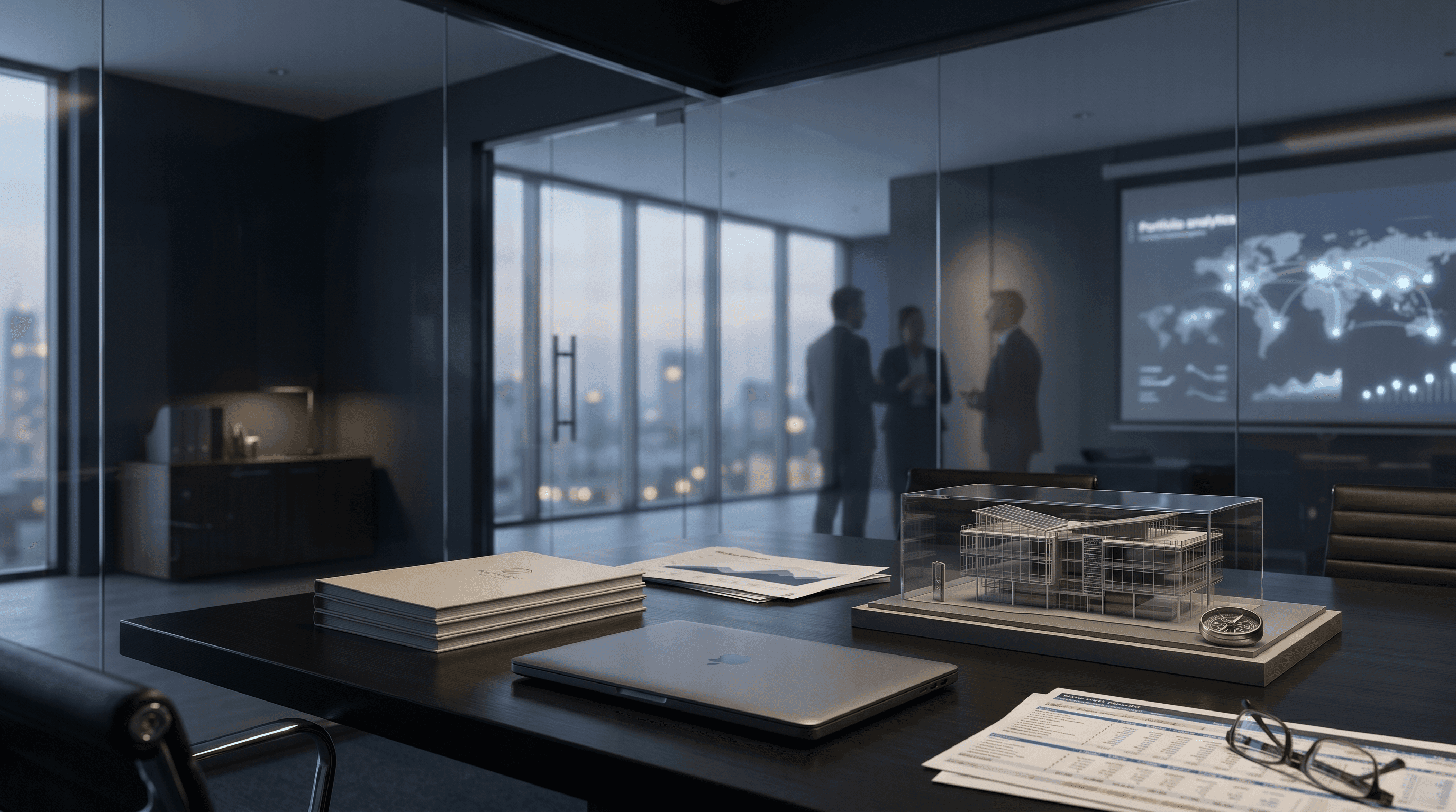 Founder investor readiness represented by a premium advisory table with pitch materials, market validation notes and institutional blue investment review lighting.