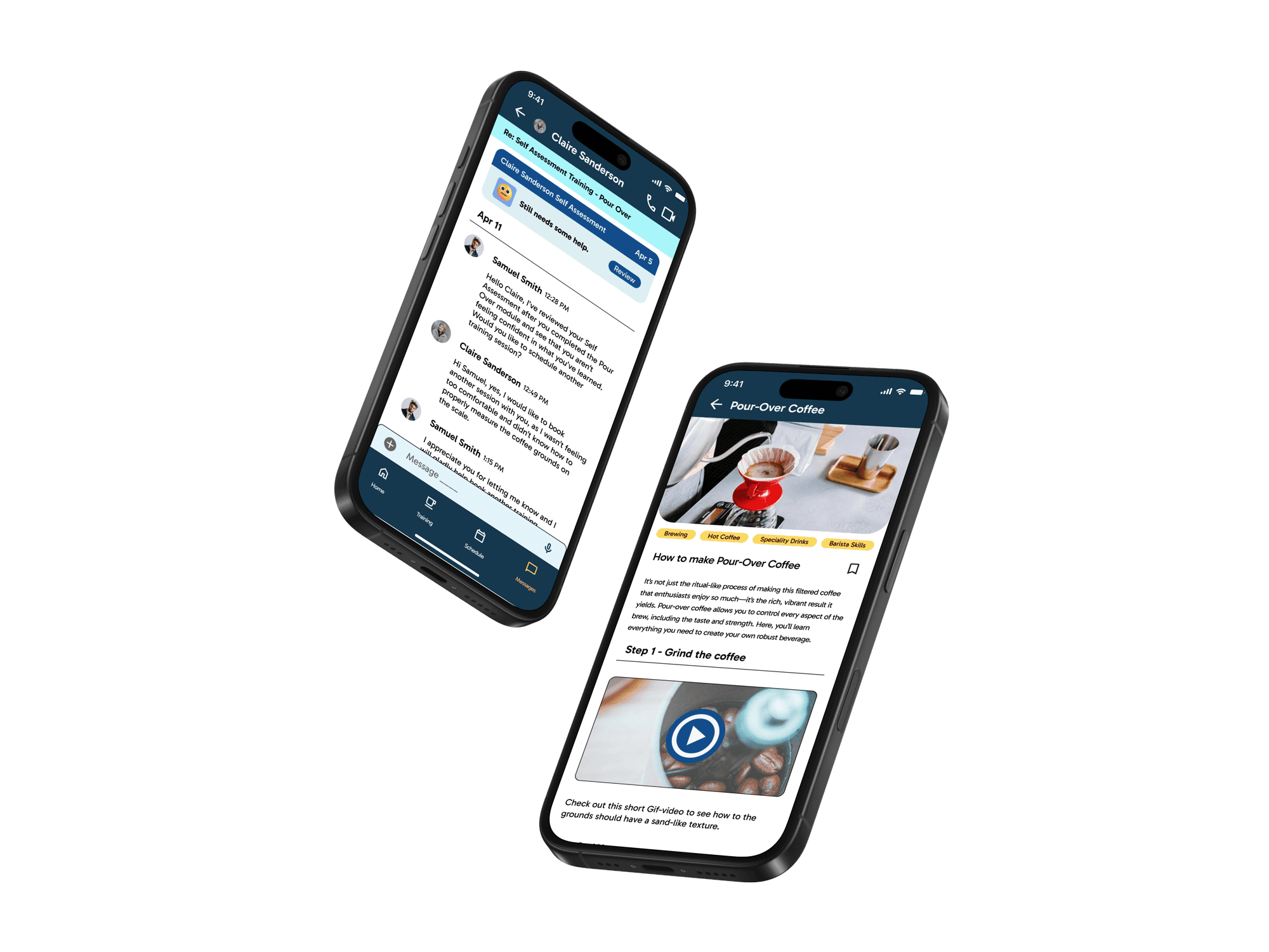 Smartphone app mockup showing a training chat and a step-by-step guide for making pour-over coffee.
