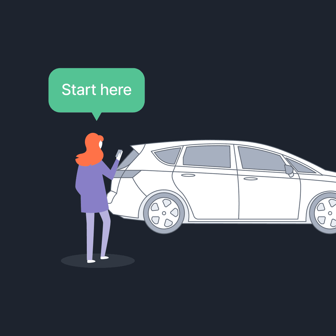 Illustration of a woman with red hair holding a phone next to a white hatchback, with a green speech bubble above reading "Start here," set against a dark background.