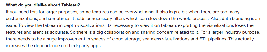 Tableau user review highlighting performance issues, customization complexity, and reliance on third-party tools