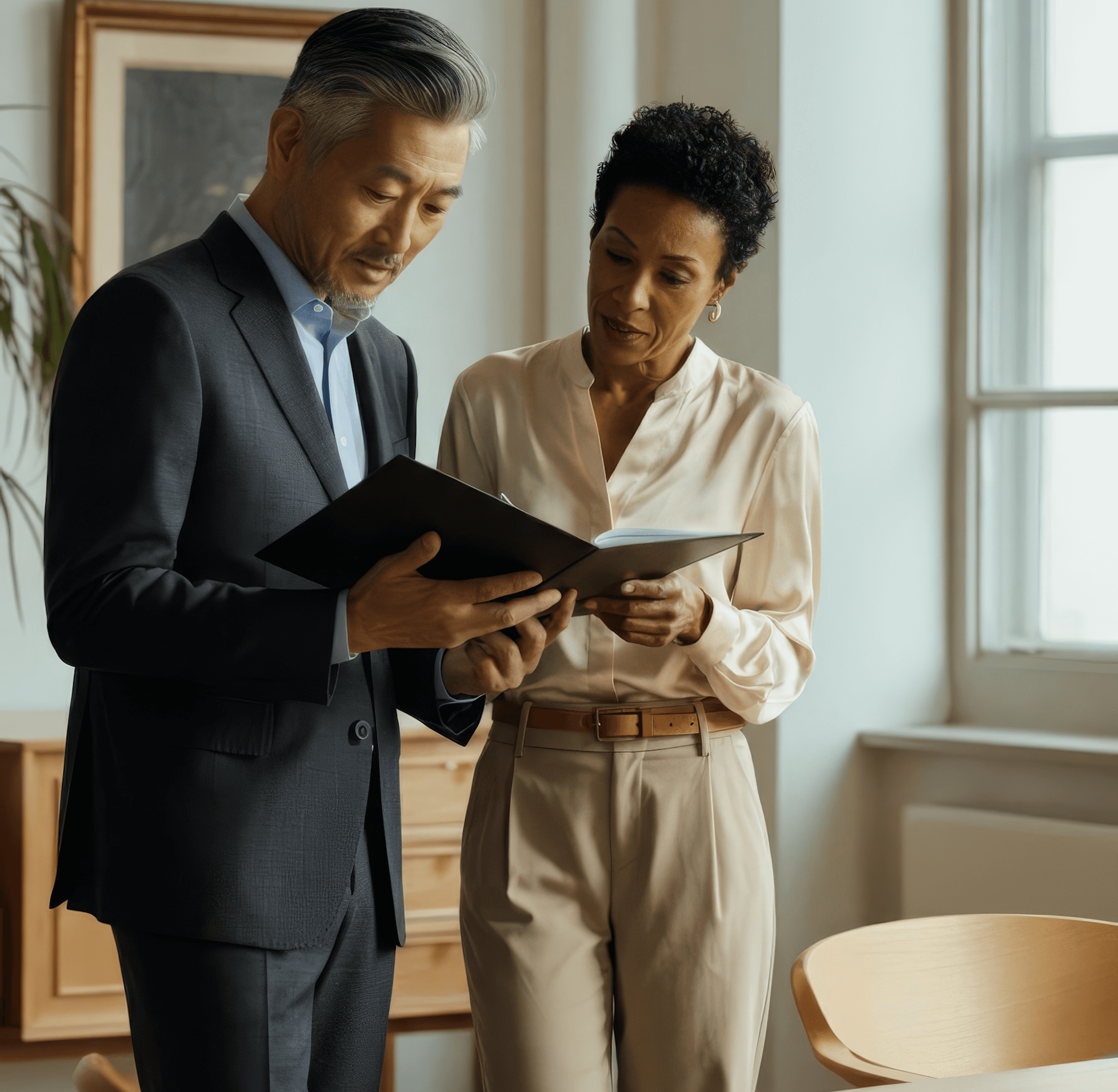 Two executives reviewing a folder together.