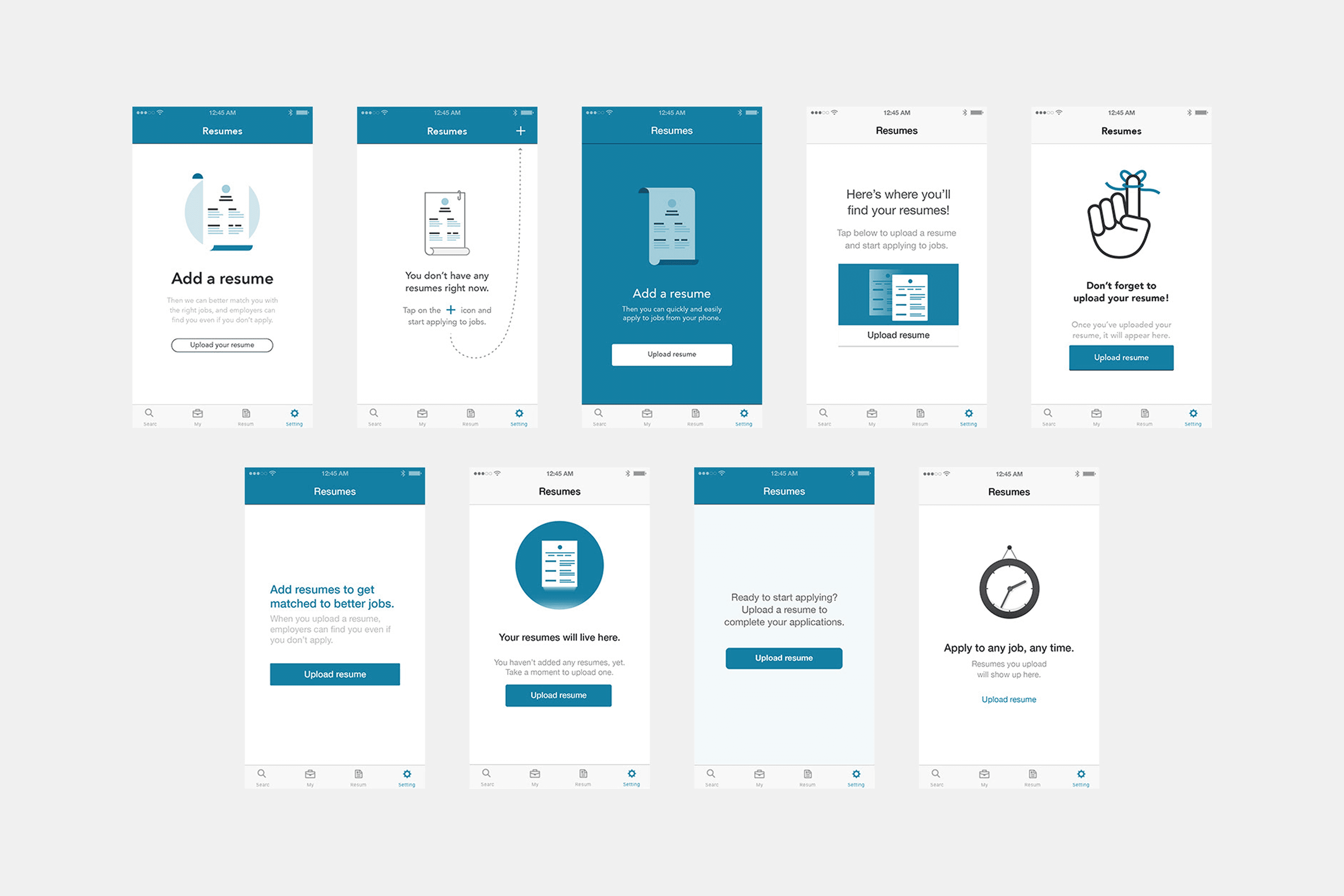 Nine explorations of an empty state page for uploading a resume.