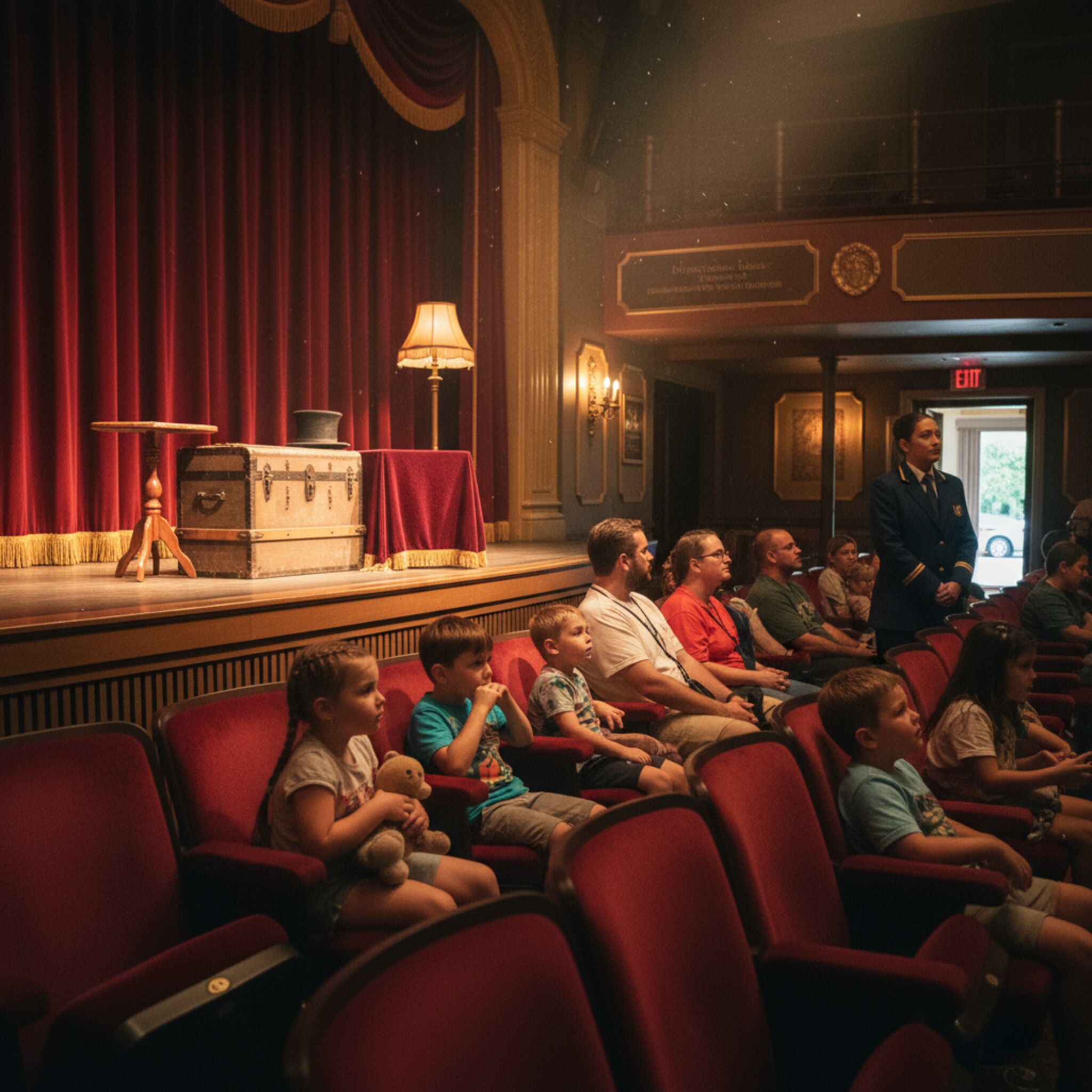 Ein halbdunkles Theater im Park füllt sich langsam, warmes Licht streift über rote Sitze. Kinder schauen gespannt zur Bühne, auf der Requisiten bereitstehen. Ein Mitarbeiter prüft diskret die Seitengänge. Über dem Vorhang vibriert leise eine Nebelmaschine und verspricht gleich beginnende Magie.