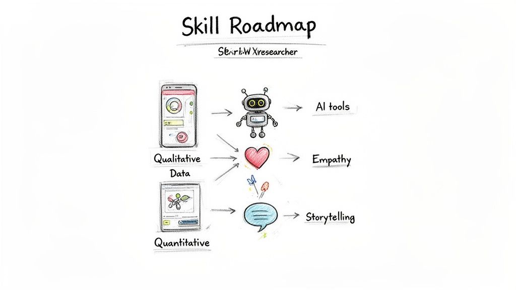 A hand-drawn skill roadmap for a UX researcher showing qualitative and quantitative data leading to AI tools, empathy, and storytelling.