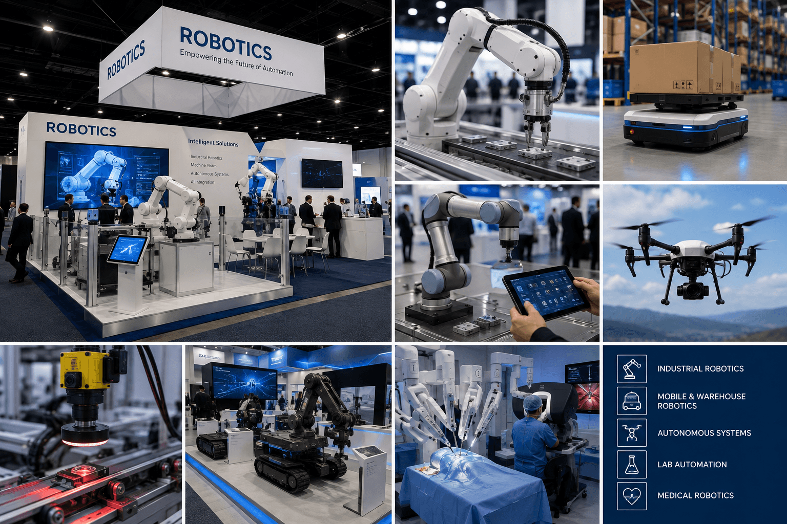 Live robotics trade show demonstration planned around operating space, visitor viewing, screens, and technical staff access