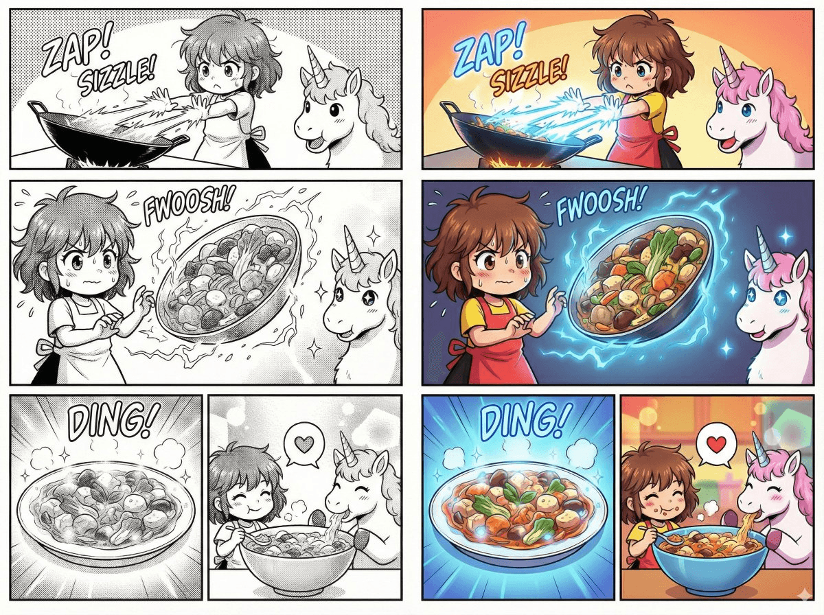 [Input black and white manga panel]  "Colorize this manga panel. Use a vibrant anime style palette. Ensure the lighting effects on the energy beams are glowing neon blue and the character's outfit is consistent with their official colors."