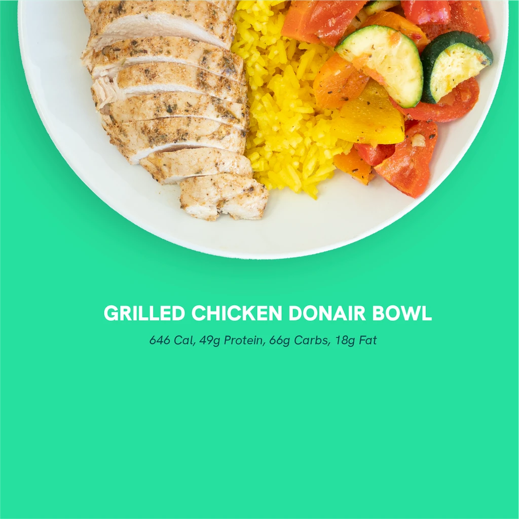 Image of a grilled chicken donair bowl with Calories, Protein and Carbs