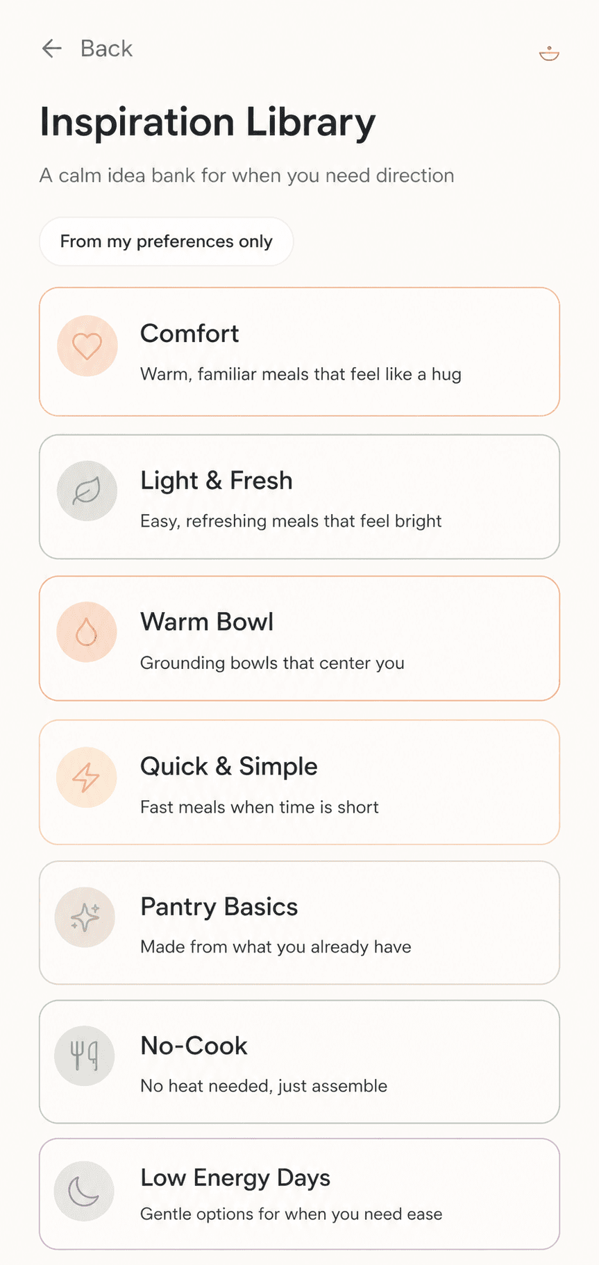 Nourish inspiration library screen