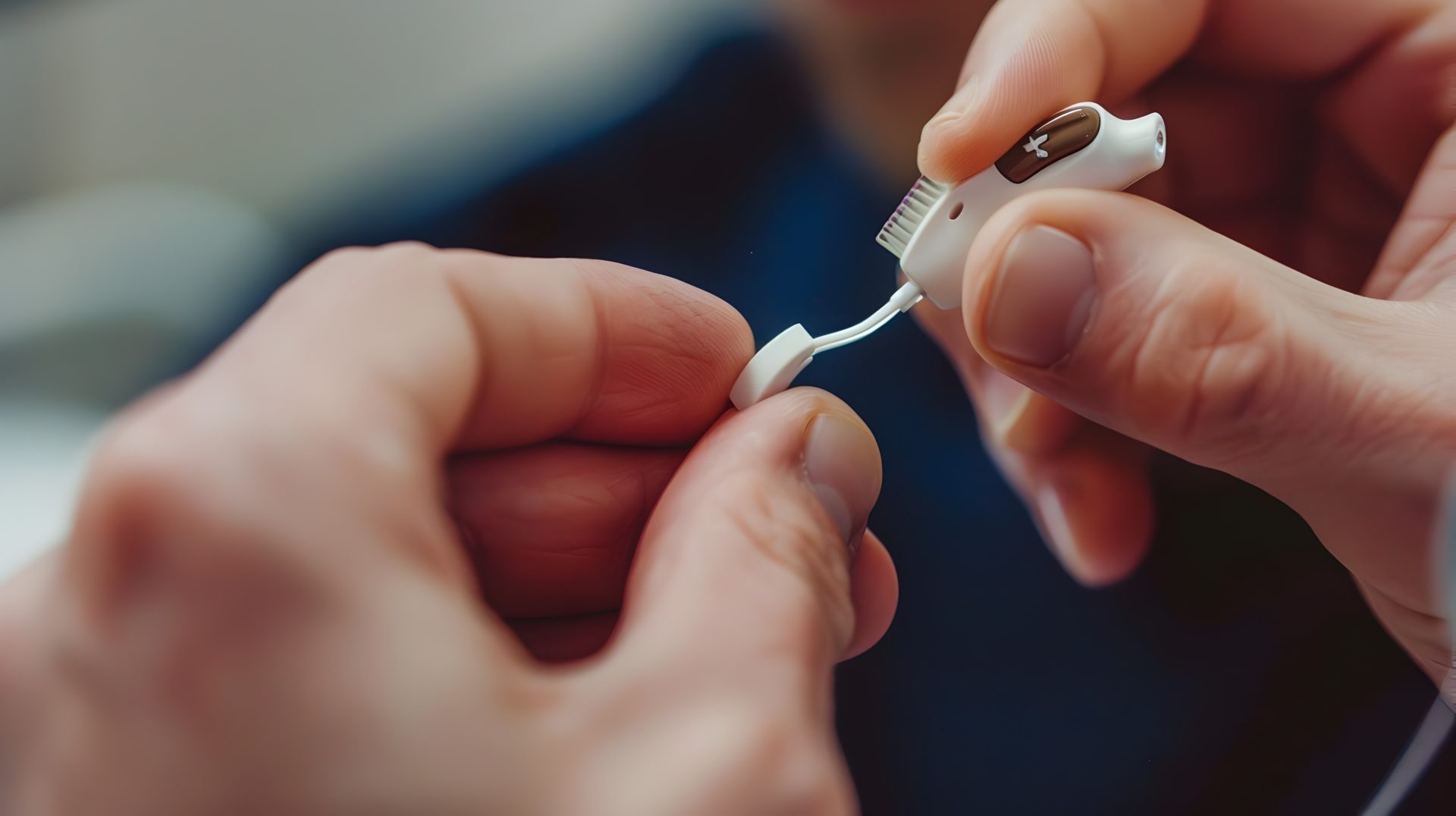 A close-up of hands holding a small object, possibly a piece of jewelry or a tool, against a blurred background.