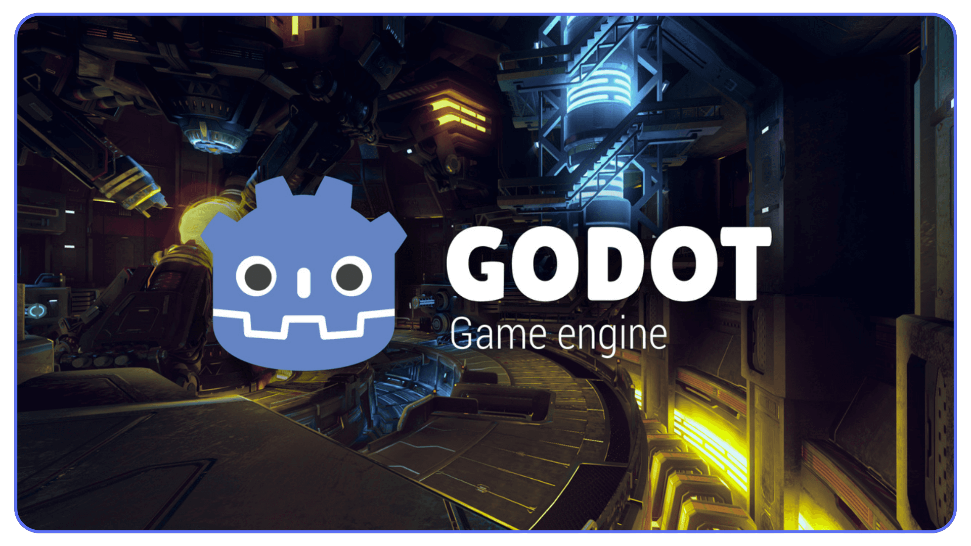 Godot Engine logo displayed over a sci-fi environment, representing the engine’s 3D capabilities.