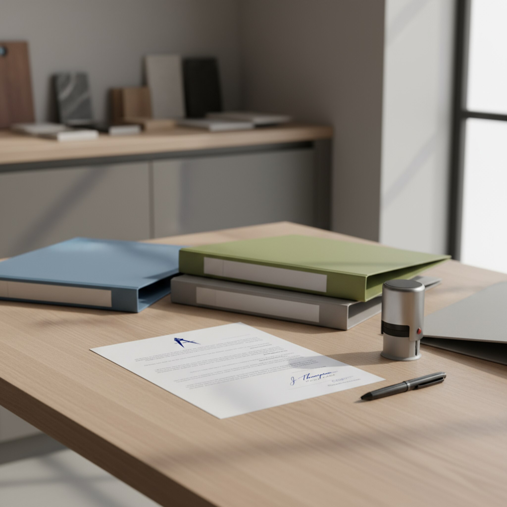 Auf einem aufgeräumten Schreibtisch liegt ein unterschriebenes Formular neben sauber gestapelten Mappen. Ein Stempelabdruck ist frisch zu erkennen. Das Licht fällt klar von der Seite und betont die ordentliche Struktur. Alles wirkt nachvollziehbar und revisionssicher.
