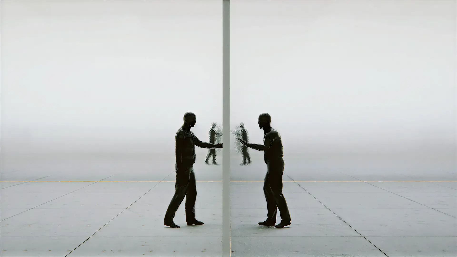 Figure reaching toward its reflection in a mirrored panel, with faint figures in fog beyond.