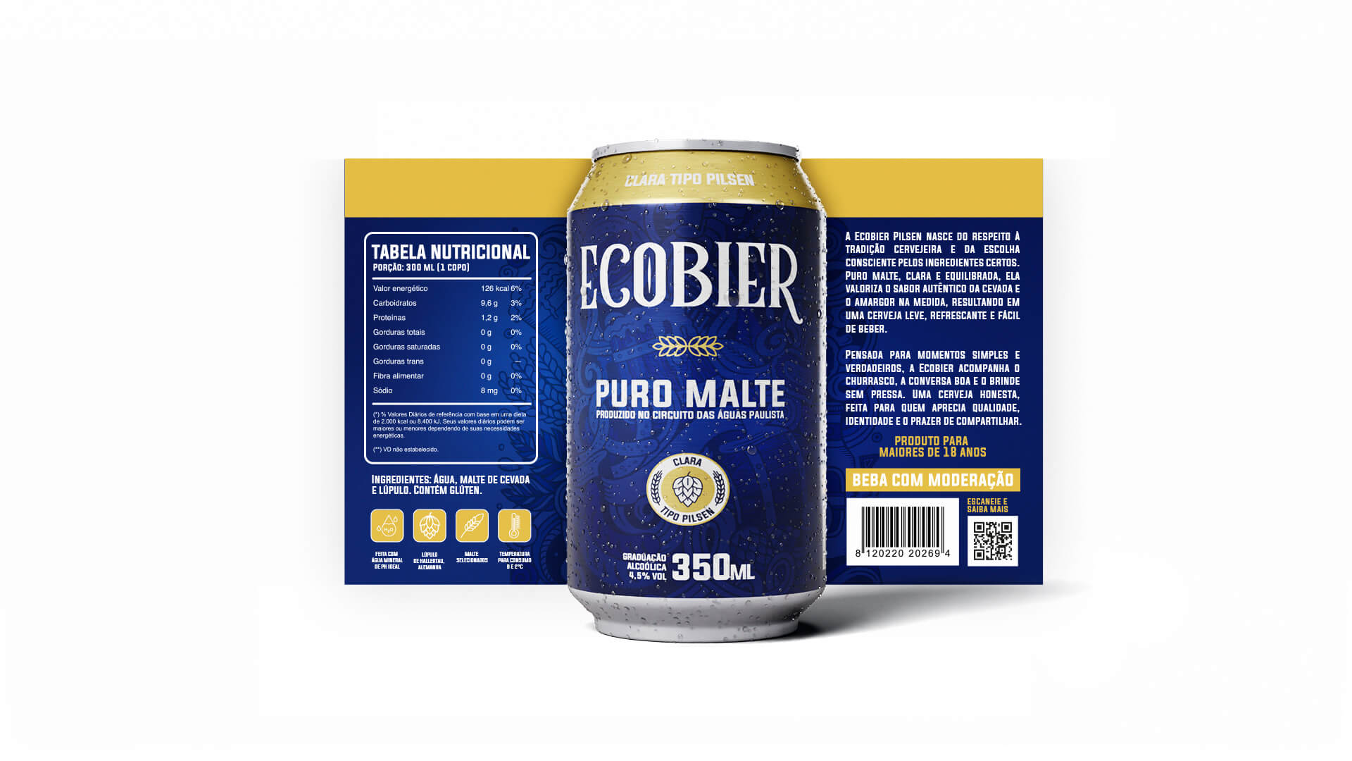 High-resolution flat lay of the Ecobier beer label redesign, displaying the front panel, ingredients, and nutritional facts.