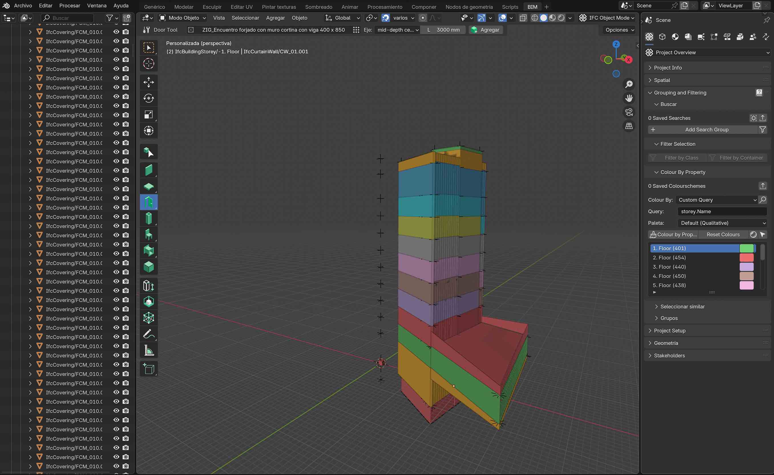Screenshot eines IFC Modells in Blender mit Farbvisualisierung nach Geschossen