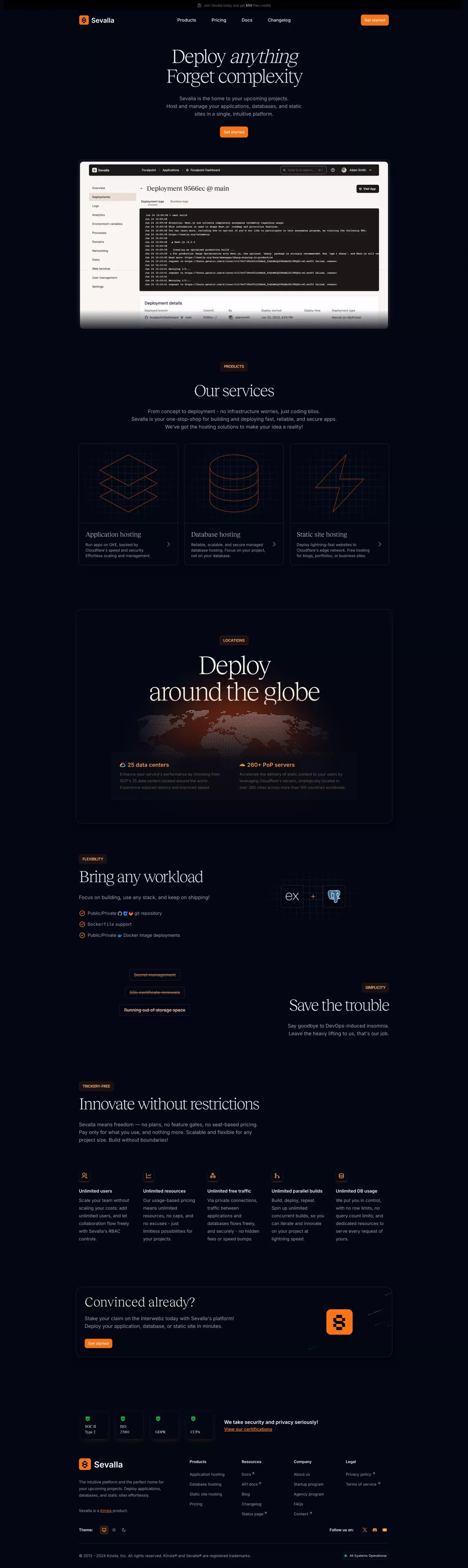 Sevalla landing page screenshot showcasing Tech design