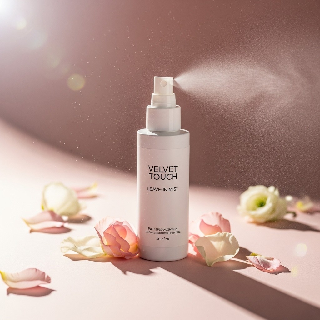 White bottle of Velvet Touch Leave-In Mist spraying a fine mist among pink rose petals on a soft pink surface.