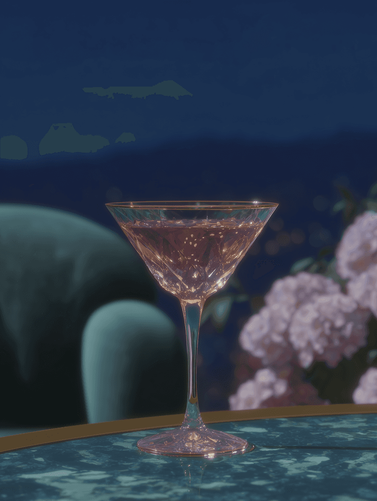 A close-up of a pink cocktail in a martini glass, set against a nighttime background with soft, blurred colors.