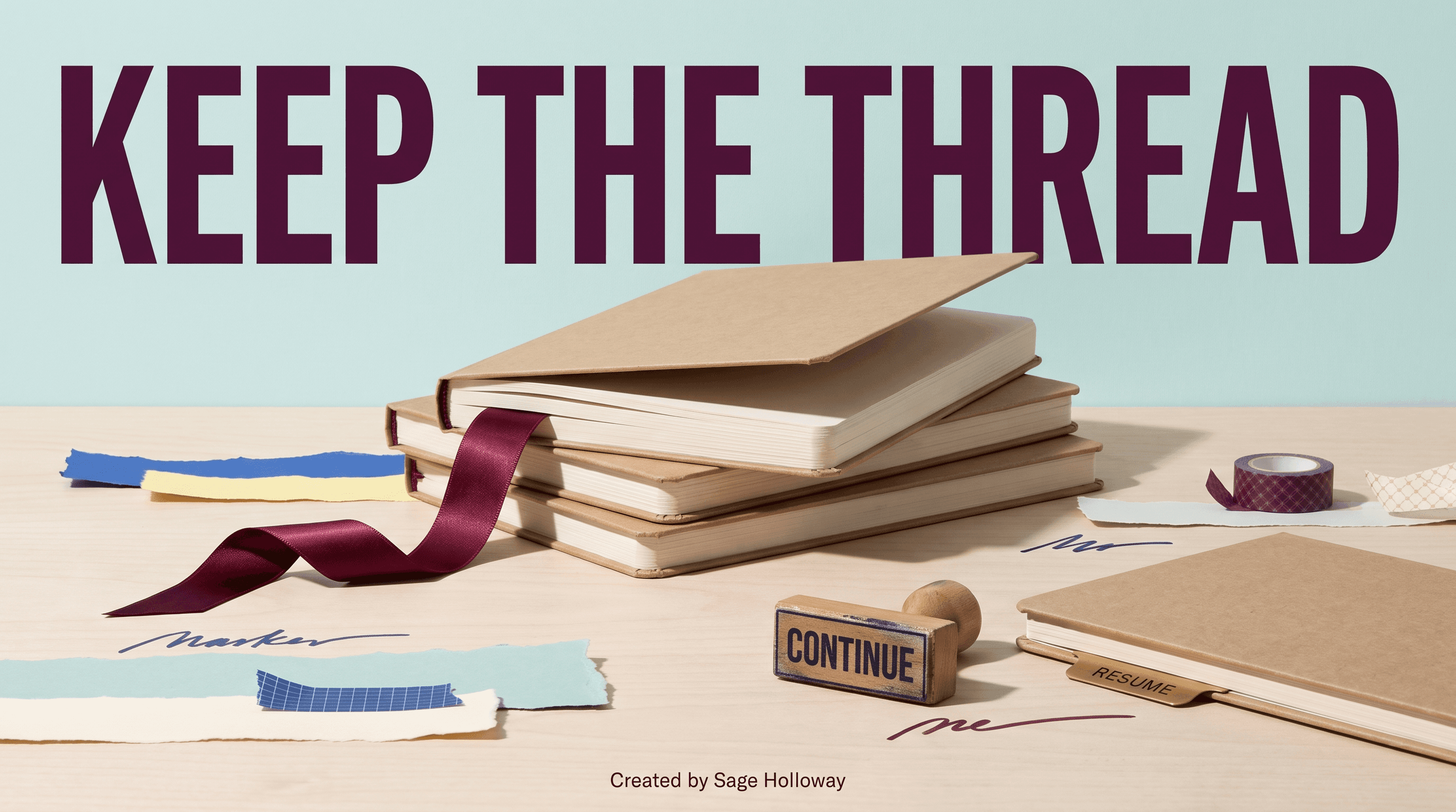 Editorial illustration of Claude Code sessions as a silk bookmark holding a notebook open, with a CONTINUE stamp and a RESUME tab