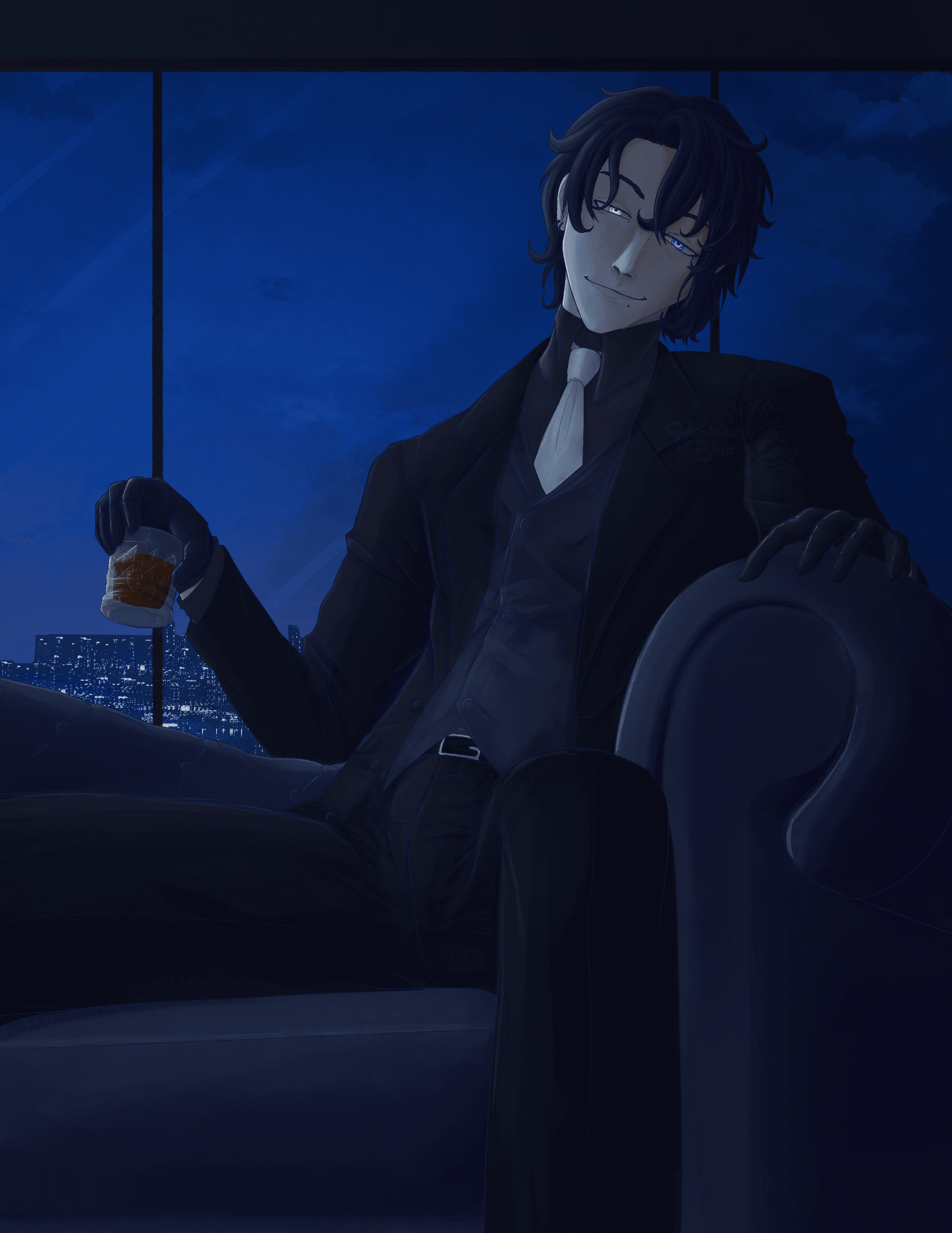 Drawing of a blue-haired man in a dark colored suit sitting in an armchair while holding a glass of alcohol, looking down at the camera. The background has a night view of some nondescript cityscape. 