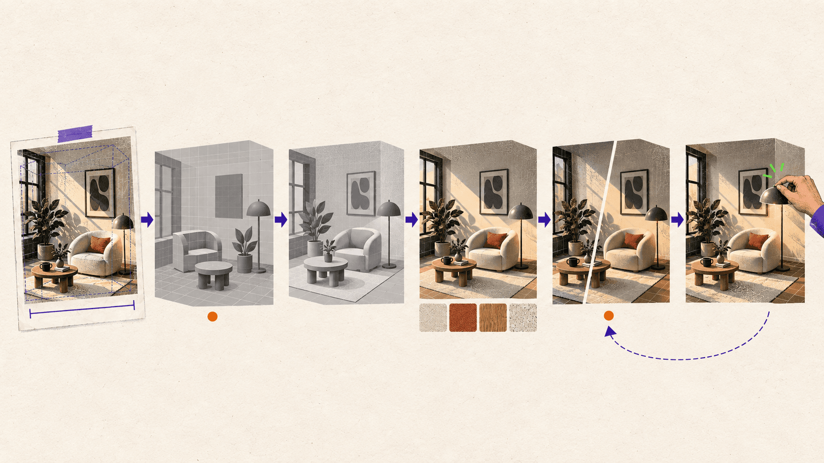 A six-stage collage shows reference analysis, blockout, detailed modeling, materials and lighting, render comparison, and artist correction in a loop.